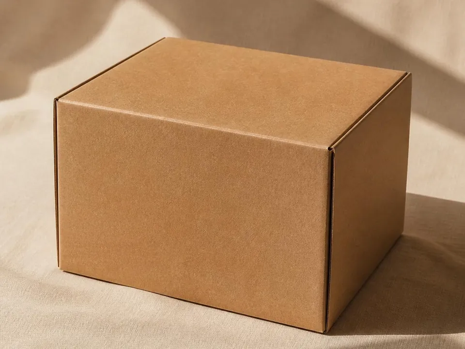 Caixa de papelão kraft modelo corte e vinco, fechada, sobre tecido claro